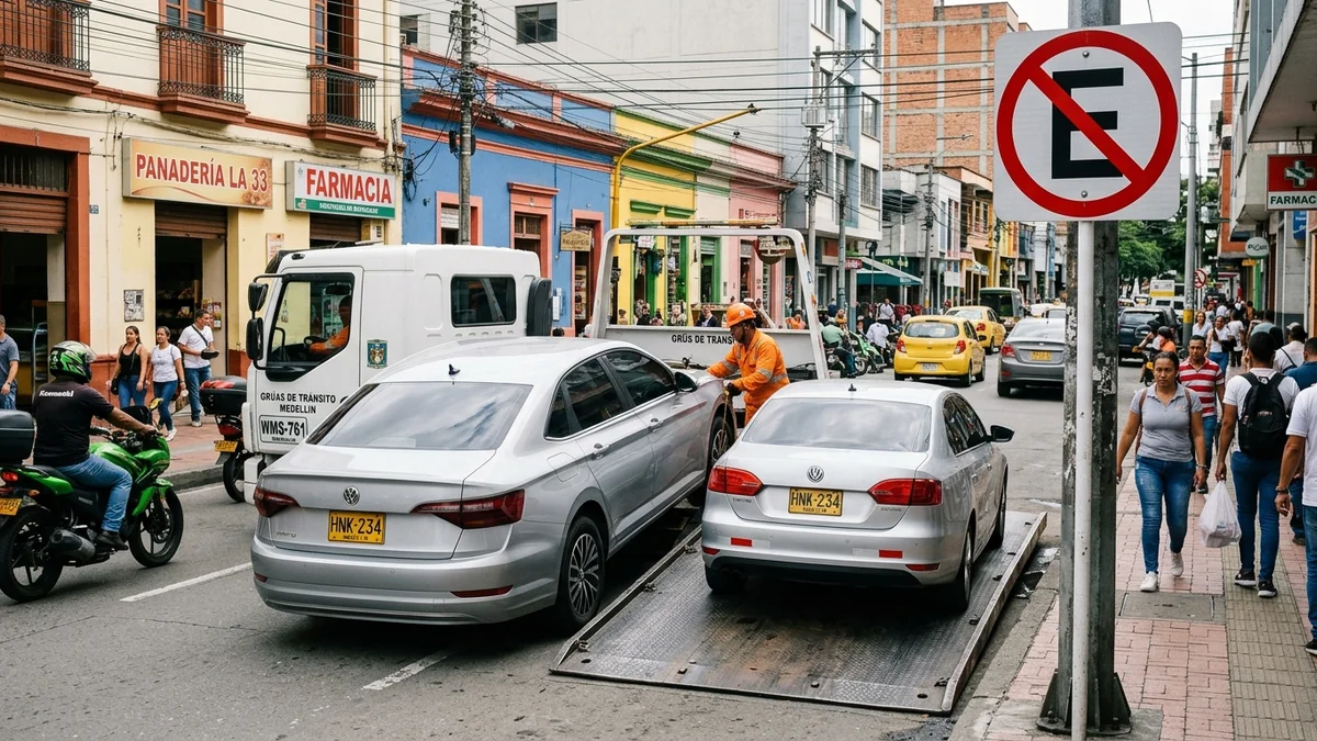Grúa de tránsito inmovilizando un vehículo por mal parqueo en Colombia
