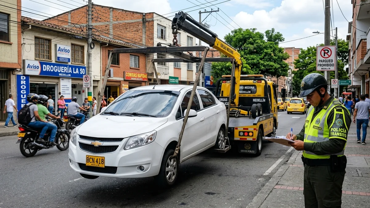 Grúa llevándose vehículo inmovilizado por conductor sin licencia en Colombia