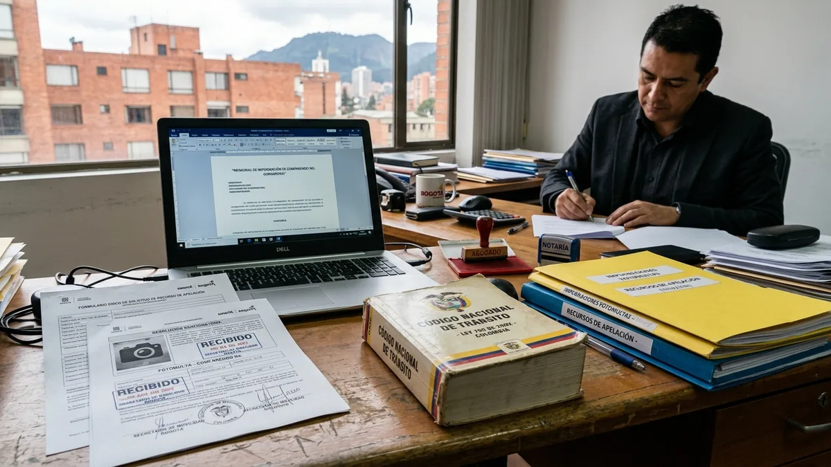 Abogado y ciudadano redactando recurso de reposición contra resolución de tránsito en Bogotá Colombia