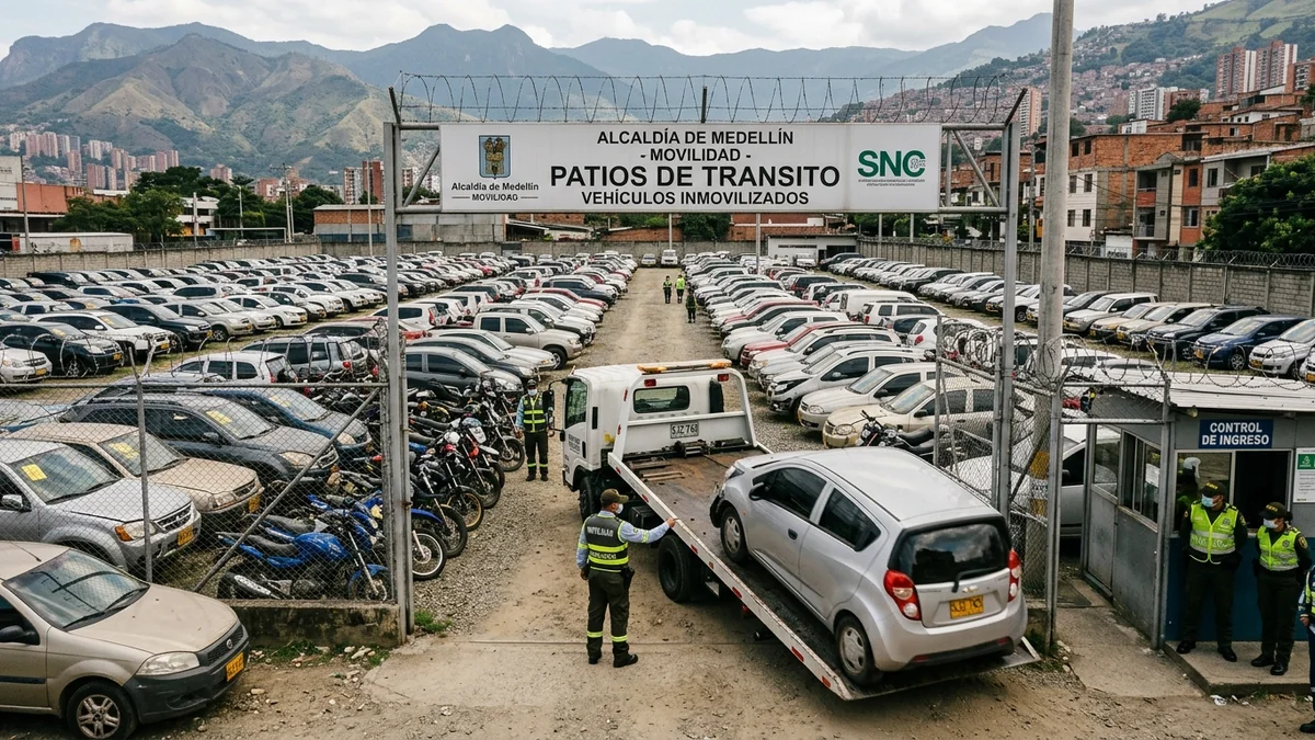 Patio de tránsito oficial con vehículos y motos inmovilizadas en Colombia