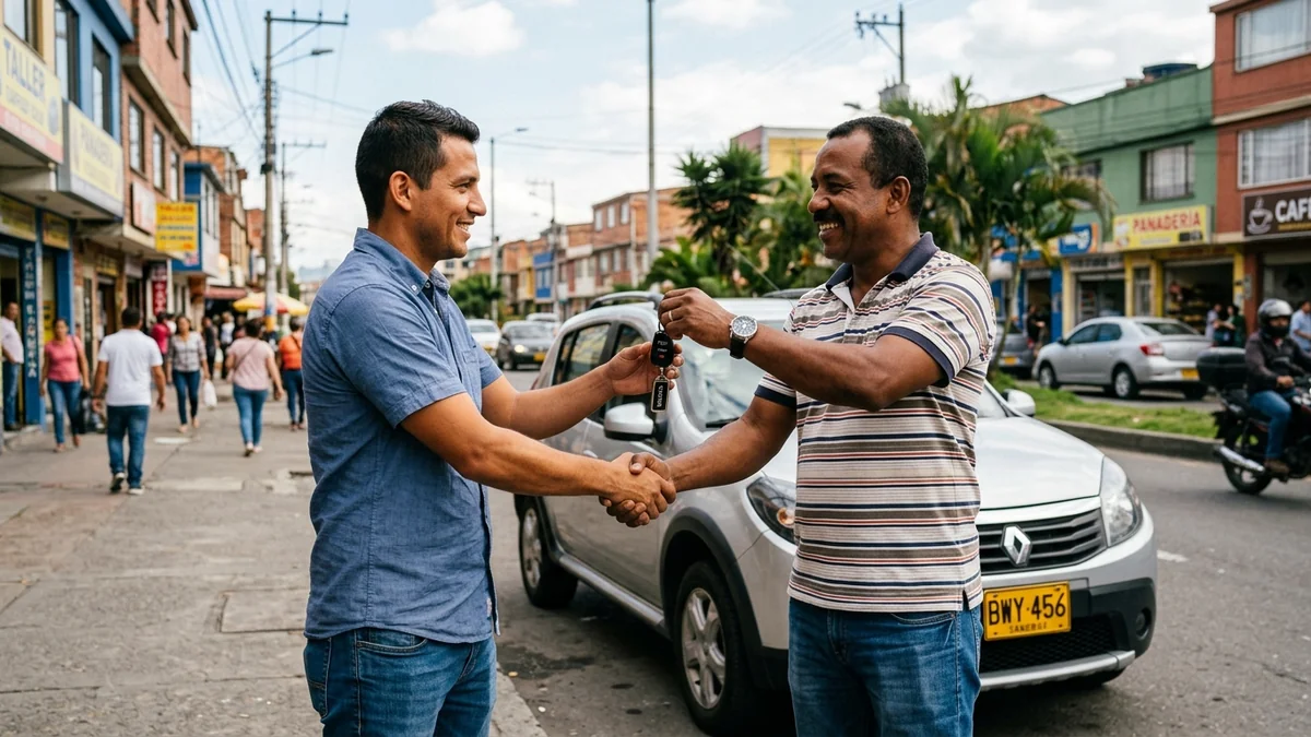 Comprador y vendedor dándose la mano en traspaso de vehículo usado en Colombia
